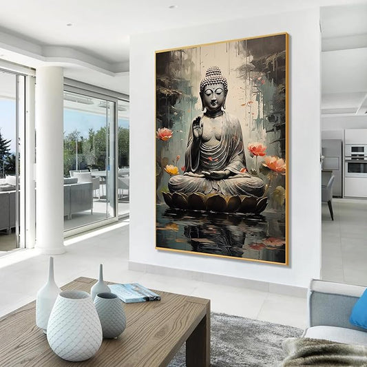 Buddha Wall Art, Buddha with Lotus Flower Canvas Wall Art, Zen Canvas Painting, Spiritual Picture Print Decor, Meditation Print Decor, Yoga Room, Living Room Hangings (Gold Framed, 19"x27"| 48x69cm)