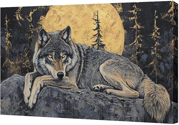 Wolf Wall Art Wolf Moon Pictures Wall Decor Wildlife Animal Canvas Painting Modern Artwork Home Decoration for Bathroom Office Living Room Bedroom Framed 24"x36"