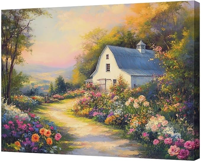 Olivine Garden Wall Art, Barn Pictures Wall Decor, Sunset Painting Vintage Village Garden Canvas Print, Framed Artwork for Living Room Bedroom Bathroom Office Home Decoration 24"x20"