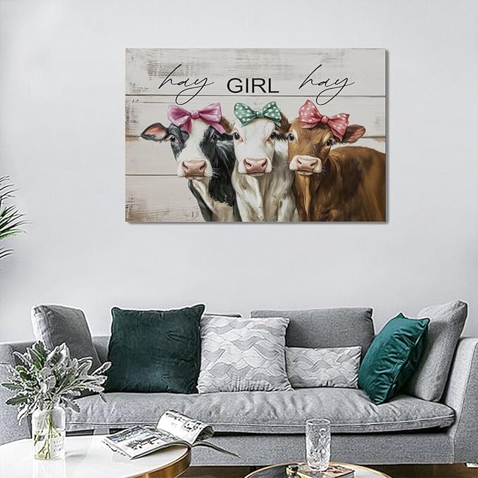 Olivine Cow Wall Art, Farmhouse Pictures Wall Decor, Cows Painting, Country Rustic Canvas Prints, Framed Artwork for Living Room Bedroom Bathroom Home Decoration 24"x16"