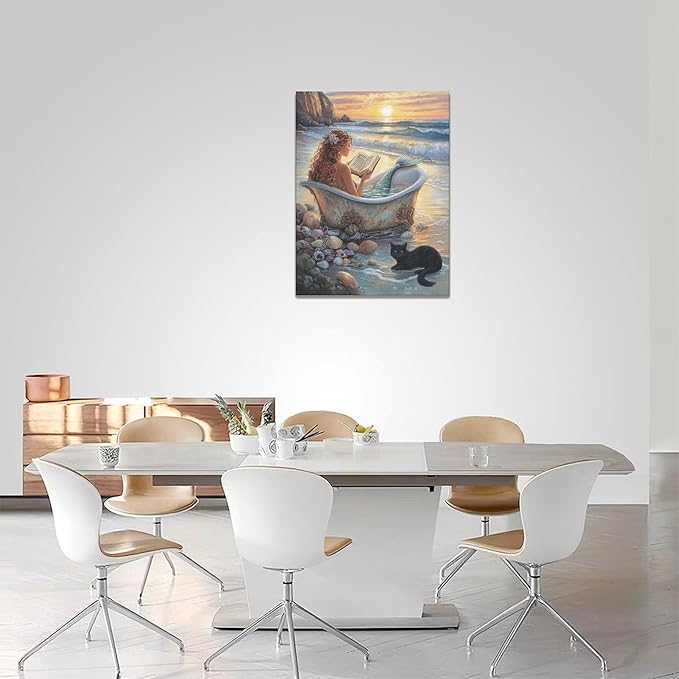 Mermaid Wall Art Beach Coastal Nautical Wall Decor Sunset Cat Pictures Canvas Painting Framed Artwork Home Decorations for Bathroom Living Room Bedroom Office 12"x16"