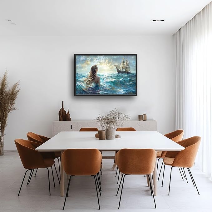 Mermaid Large Wall Art Ocean Mermaid Boat Pictures Wall Decor Nautical Canvas Seascape Print Painting Modern Artwork Home Decoration for Living Room Bathroom Bedroom Office Framed 36"x24"