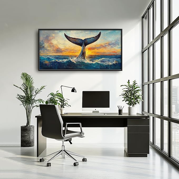 SweetFox Extra Large Whale Tail Framed Wall Art for Living Room, Coastal Ocean Whale Pictures Oversized Wall Decor Abstract Big Canvas Painting Print Artworks for Bathroom Master Bedroom 60L X 30W