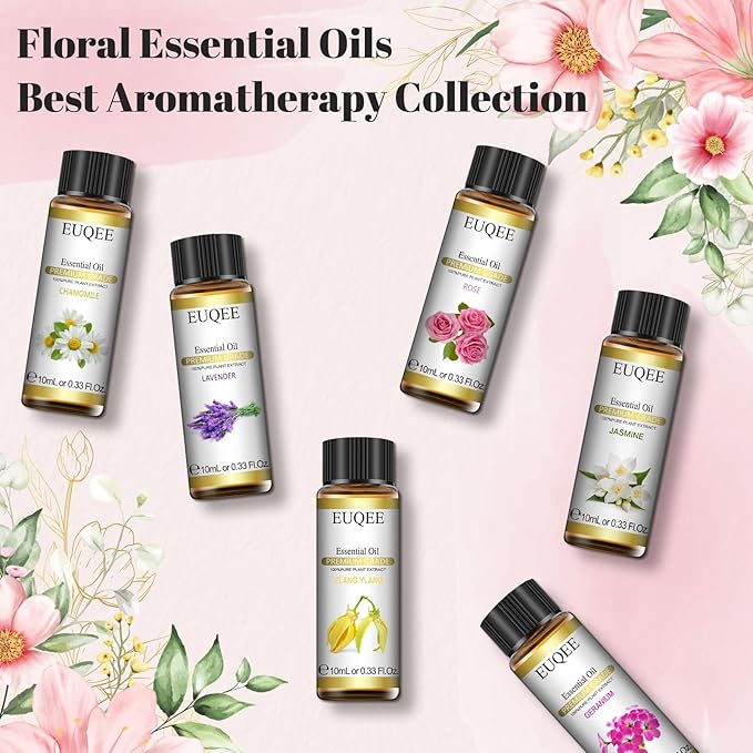 Floral Essential Oils Set of 6 Pure Essential Oil Gift Set for Diffusers, Soap & Candle Making - Lavender, Rose, Ylang Ylang, Jasmine, Geranium, Chamomile Aromatherapy Oils - 10ml