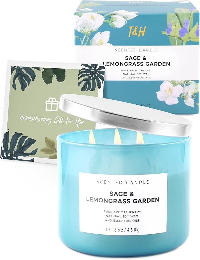 Sage Lemongrass Garden 3 Wick Scented Candle | Large Soy Candles for Home 15.8 oz | Long Lasting Stress Relief Candle | Soothing Sage Candles for Cleansing | Aromatherapy Candle Gift for Women & Men