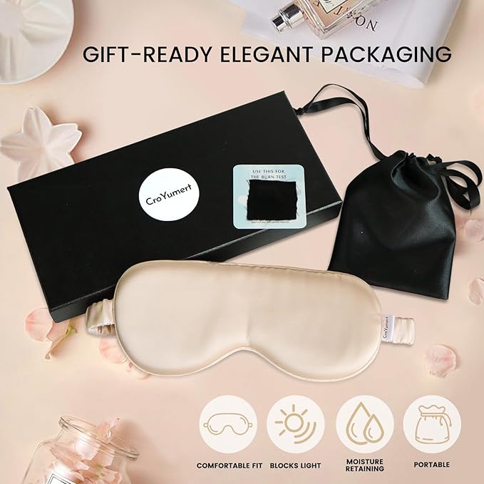 Pure 22 Momme 6A Grade Mulberry Silk Sleep Mask for Side Sleepers - 100% Blackout Eye Mask with Travel Pouch (Champagne)