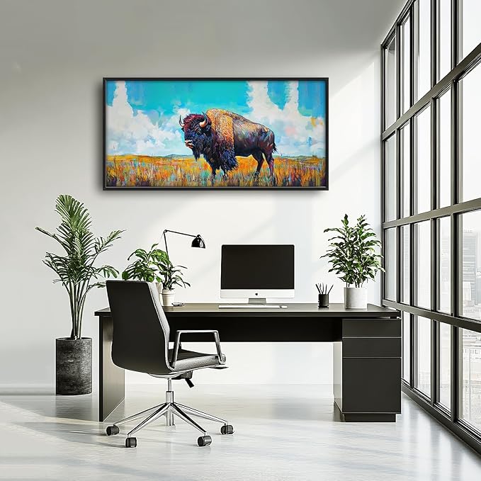 SweetFox Extra Large Colorful Western Bison Framed Wall Art for Living Room, Bison Pictures Oversized Wall Decor Abstract Big Canvas Painting Print Artworks for Bathroom Master Bedroom 60L X 30W