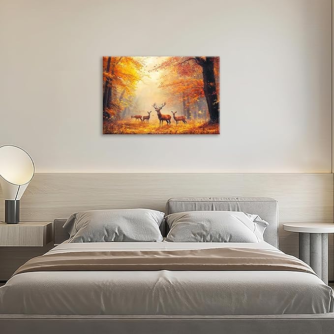 Olivine Deer Wall Art, Autumn Forest Pictures Wall Decor, Wildlife Painting, Fall Landscape Canvas Prints, Framed Artwork for Bathroom Bedroom Living Room Office Home Decoration 24''x16''