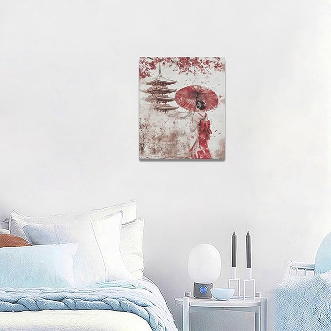 Japan Wall Art Japanese Geisha Wall Decor Cherry Blossoms Farmhouse Japan Pictures Canvas Painting Artwork Home Decorations for Living Room Bedroom Bathroom Office Classroom 20"x24"