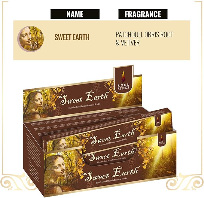 SOUL STICKS Hand-Rolled Incense Sticks Divine Spirit Blends 180 Gram Box | 100% Natural Masala Incense Organic Home Fragrance Agarbatti (Sweet Earth)