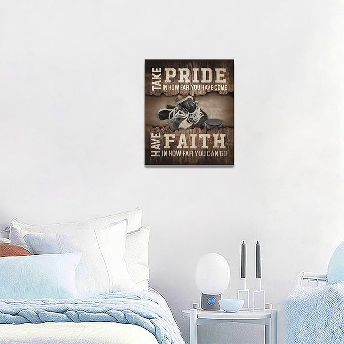 Fleruku Rustic Hockey Wall Art Sports Wall Decor Inspirational Quotes Brown Pictures Ice Hockey Sign Canvas Painting Artwork Home Decorations for Boy Man Teenager Fans Bedroom Living Room 20"x24"