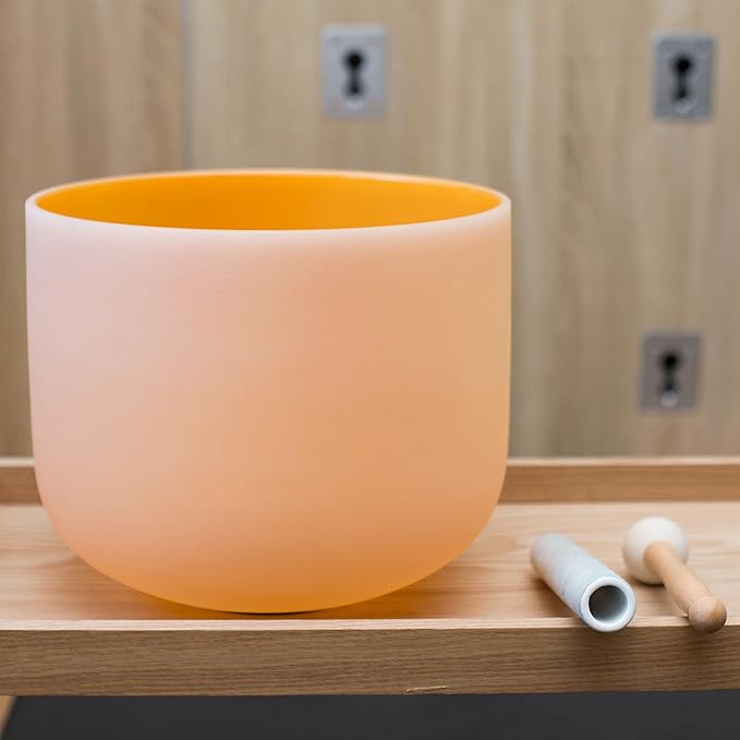 Leize Quartz Crystal Singing Bowl 432hz D Note Sacral Chakra Navel Chakra Orange 11" with Suede Striker