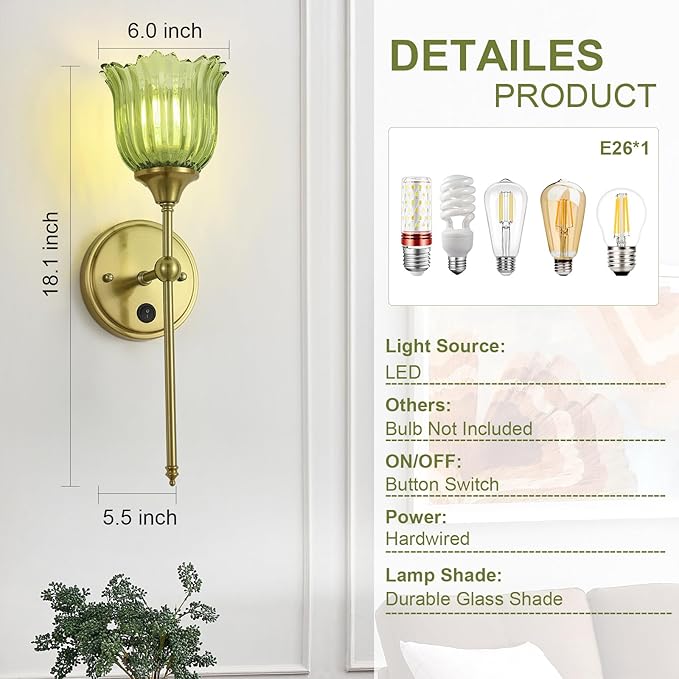 Modern Wall Sconces Set of 2 with Green Flower Glass Shade, Mid Century Bathroom Vanity Wall Light Fixtures Gold Vintage Wall Lights with Switch for Mirror Bedroom Living Room