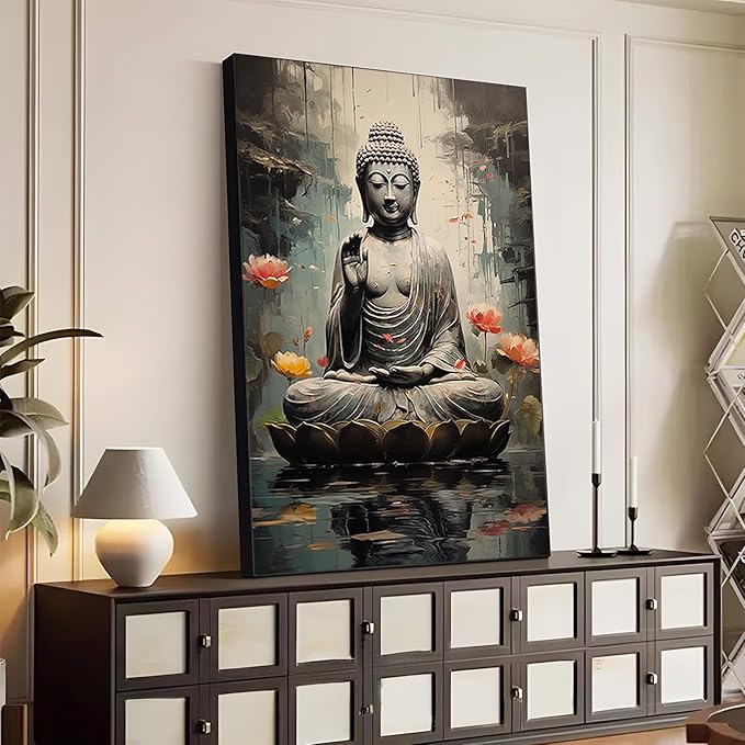 Buddha Wall Art, Buddha with Lotus Flower Canvas Wall Art, Zen Canvas Painting, Spiritual Picture Print Decor, Meditation Print Decor, Yoga Room, Living Room Hangings (Black Framed, 23"x34"| 57x86cm)
