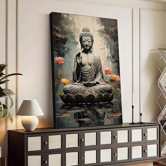 Buddha Wall Art, Buddha with Lotus Flower Canvas Wall Art, Zen Canvas Painting, Spiritual Picture Print Decor, Meditation Print Decor, Yoga Room, Living Room Hangings (Black Framed, 13"x19"| 33x48cm)