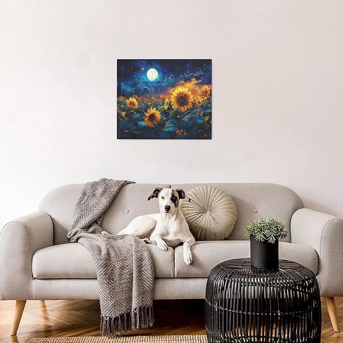 Sunflower Canvas Wall Art Starry Night Pictures Painting Yellow Floral Wall Decor Prints Framed Artwork Decoration for Living Room Bedroom Bathroom Dining Room Office 20"x24"