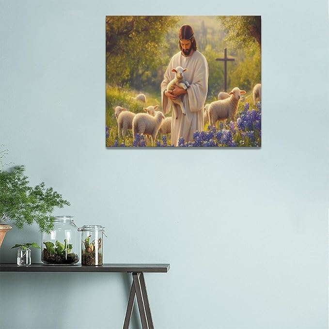 Fleruku Jesus Lamb Wall Art Christ Christian Wall Decor Jesus Religious Sign Pictures Canvas Painting Artwork Home Decorations for Living Room Bedroom Bathroom Office 24"x20"