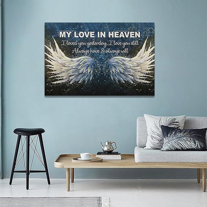 Fleruku Angel Wings Wall Art Memorial Motivational Wall Decor Wings My Love In Heaven Pictures Canvas Painting Artwork Home Decorations for Living Room Bedroom Bathroom Office 24"x16"