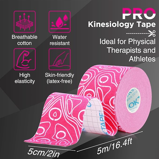 OK TAPE PRO Kinesiology Tape Uncut Roll, Elastic Physical Therapy Athletic Tape for Pain Relief, Muscle Support, Kinetic Tape, Water Resistant, 2in X 16.4ft -Pink