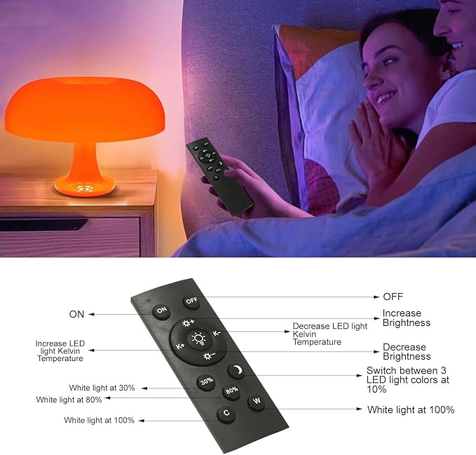 Orange Mushroom Table Lamp, Dimmable with 3 Lighting Settings, Retro Mushroom Shade Shaped Desk Lamp, Suitable for Bedroom, Living Room, Perfect for Aesthetic Mid Century Modern Decor
