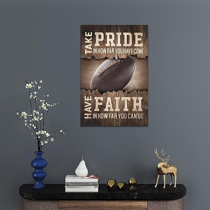 Fleruku Rustic Football Wall Art Sports Wall Decor Inspirational Quotes Brown Pictures Football Sign Canvas Painting Artwork Home Decorations for Boy Man Teenager Fans Bedroom Living Room 16"x24"
