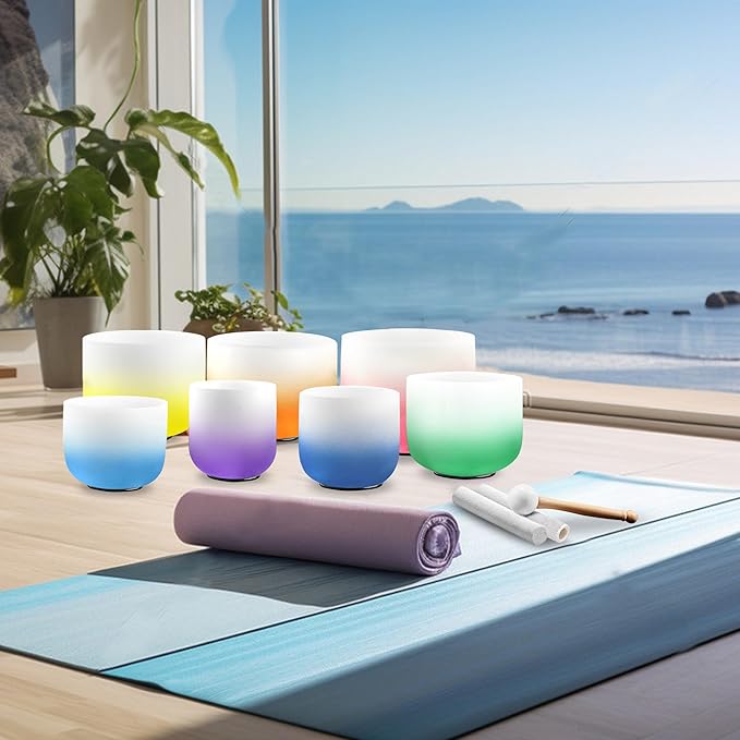 Ryan Dvan 432Hz 7"-12" Set of 7 Crystal Singing Bowl Set – Gradient Color Quartz Bowls for Chakra Healing, Meditation, Sound Bath & Yoga.Sound Therapy Tools with Suede Mallets & O-Rings.