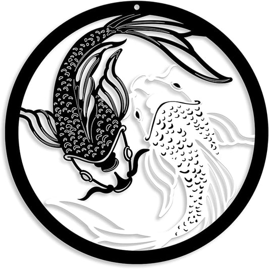 Creoate Black and White Metal Wall Art for Bathroom, Zen Decor Japanese Wall Art Koi Fish Artwork for Home Office Decoration, 12x12 Inches