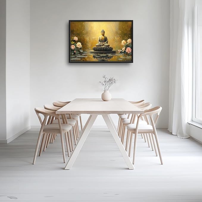 Buddha Large Wall Art Golden Buddhist Pictures Wall Decor Zen Lotus Big Canvas Painting Prints Framed Artwork Home Decorations Above Bed for Bedroom Living Room Dining Room Bathroom 36"x24"