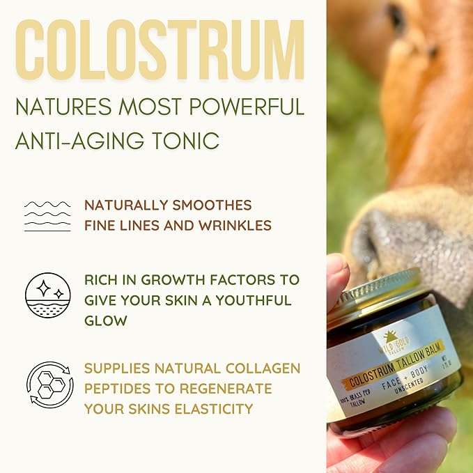 100% Grass Fed Tallow Balm with Colostrum & Emu Oil - Handmade Whipped Beef Tallow for Face and Body, Sensitive Skin Tallow Moisturizer made with True First Colostrum, (Unscented)