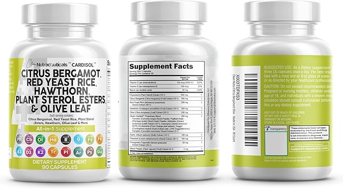 Clean Nutraceuticals Citrus Bergamot Red Yeast Rice Capsules with Plant Sterols - with Hawthorn Extract Olive Leaf Niacin Vitamin K3 D3 COQ10 Guggul & More