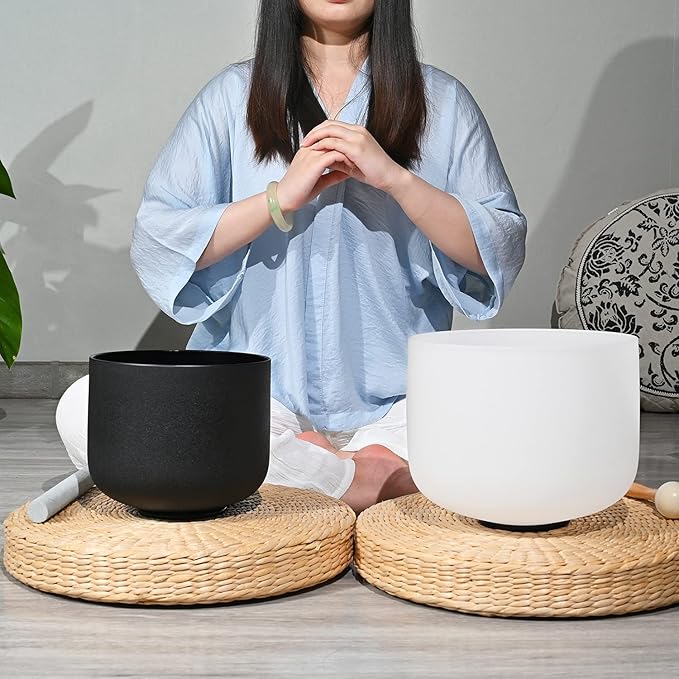 Couple of 2 PCS Yin and Yang Crystal Singing Bowl Set 8 Inch Black and 10 Inch White Mutual Attraction Bowls