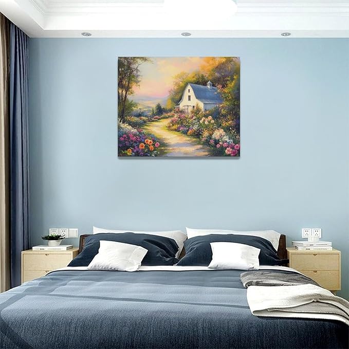 Olivine Garden Wall Art, Barn Pictures Wall Decor, Sunset Painting Vintage Village Garden Canvas Print, Framed Artwork for Living Room Bedroom Bathroom Office Home Decoration 20"x16"