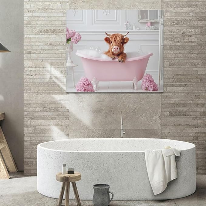 Bathroom Cow Wall Art Highland Cow Wall Decor Pink Pictures Canvas Painting Framed Artwork Home Decorations for Toilet Lavatory Living Room Bedroom 24"x20"