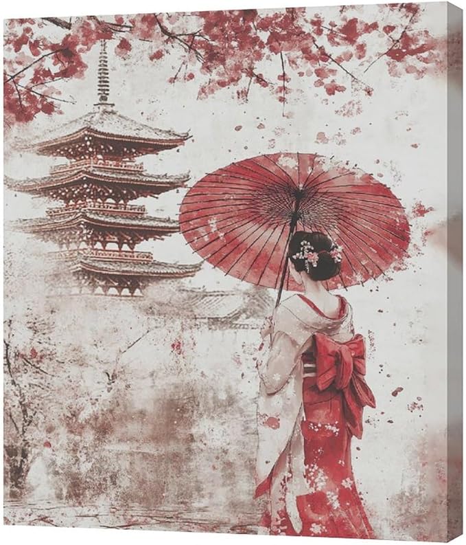 Japan Wall Art Japanese Geisha Wall Decor Cherry Blossoms Farmhouse Japan Pictures Canvas Painting Artwork Home Decorations for Living Room Bedroom Bathroom Office Classroom 20"x24"