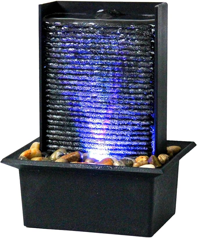 Small Indoor Relaxation Tabletop Fountain, Zen Meditation Waterfall Feature with Color LED Light & Natural Rocks, 4 Level Desk Waterfall for Home Office Bedroom Living Room Decoration (Style 2)