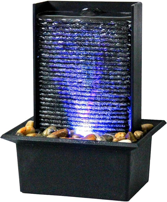 Small Indoor Relaxation Tabletop Fountain, Zen Meditation Waterfall Feature with Color LED Light & Natural Rocks, 4 Level Desk Waterfall for Home Office Bedroom Living Room Decoration (Style 2)