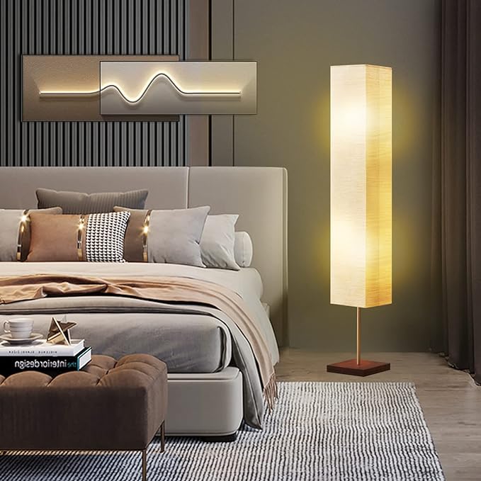 GyroVu Floor Lamp for Living Room, 3 Color Temperature Column Tall Lamp, Standing Lamp with Walnut Base Corner Floor Lamp for Bedroom, Office& Living Room-Beige(Bulbs Included)