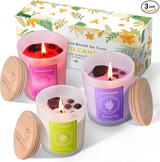 3 Soy Scented Candles for Women- 15OZ Candles for Home Scented with Crystals, Lavender/Vanilla/Rose Aromatherapy Candle Set