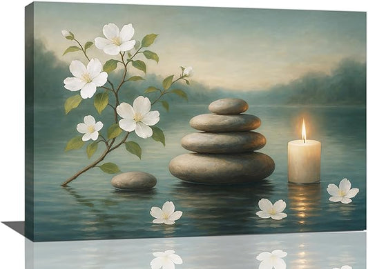 Zen Wall Art Zen Bathroom Wall Decor Spa Room Meditation Peaceful Pictures Decoration Spiritual Stone Canvas Painting Artwork Framed for Bathroom Living Room Bedroom Office 16"x24"