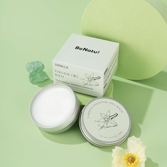 benatu Vanilla Body Oil for Dry Skin Care, Soothing & moisturizing Essential Oil Massage Balm, Scented Vitamin E Body Butter for Women and Men, Blends with Geranium, Sandalwood, Frankincense 3.53 oz