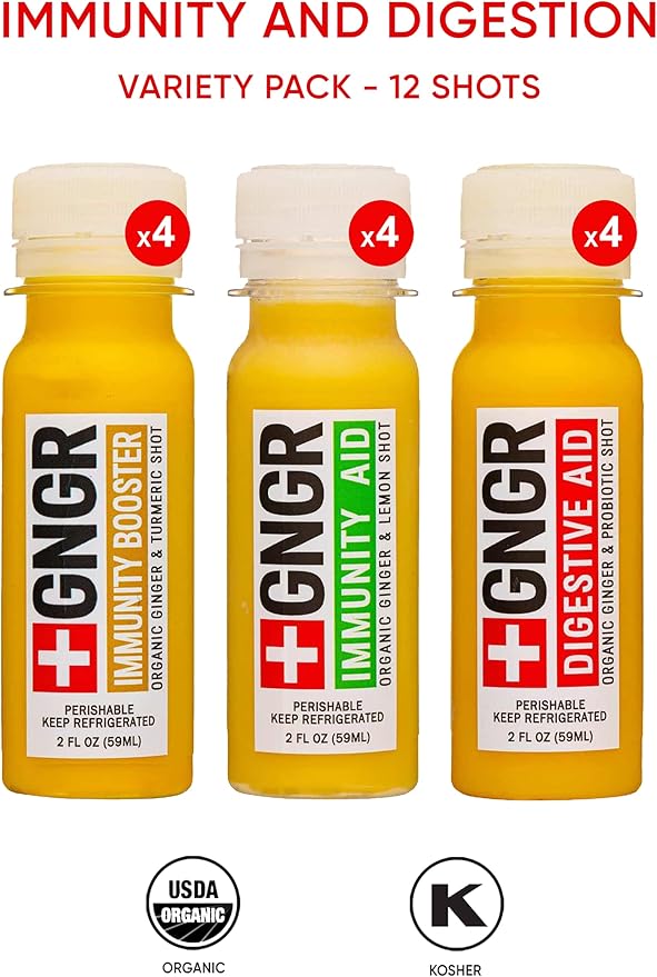 +GNGR Immunity Sampler Organic Ginger Wellness Shots - Premium Ginger Shots for All Natural Digestive Support and Immune Support, Digestive Aid, Gut Cleanse and Detox (2 Oz, Pack of 12)