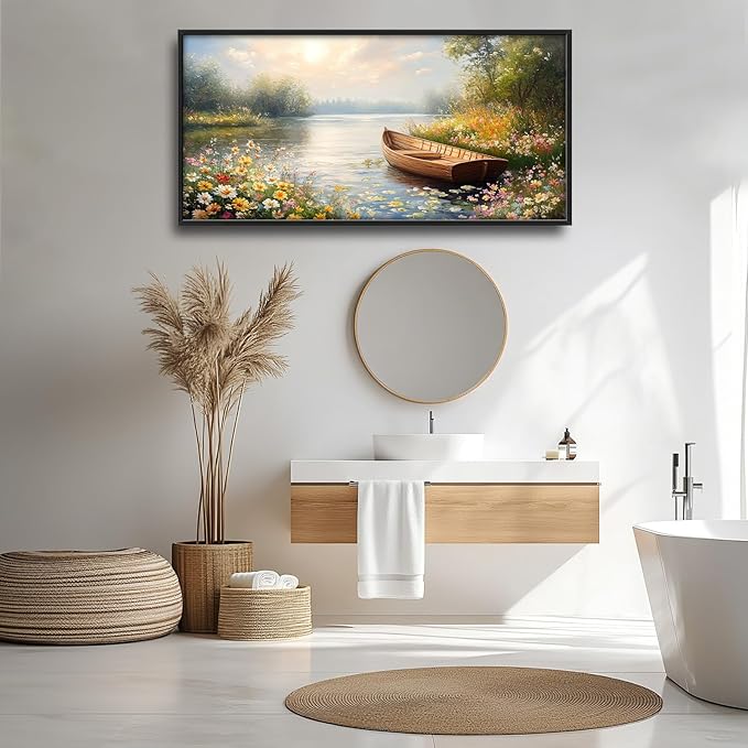 Framed Large Wall Art for Living Room, Lake Boat Canvas Wall Decor, Flower Pictures Painting, Natural Landscape Artwork for Living Room Bedroom Office 60L'' × 30W''
