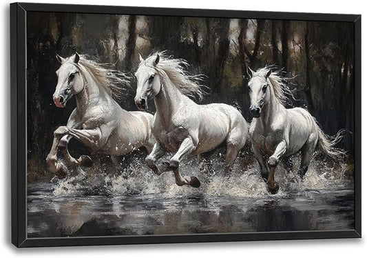 Kylora Horse Wall Art Horses Running Pictures Wall Decor Farmhouse White Mustang Prints Modern Artwork Painting Home Office Decorations For Kitchen Bathroom Bedroom Dining Living Room 36"x24"