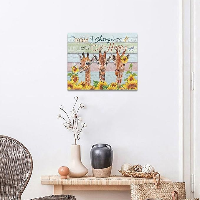 Giraffe Bathroom Decor Wall Art Sunflower Wall Decor Giraffe Canvas I Choose Happy Prints Painting Framed Artwork for Bathroom living room Bedroom 20"x16"
