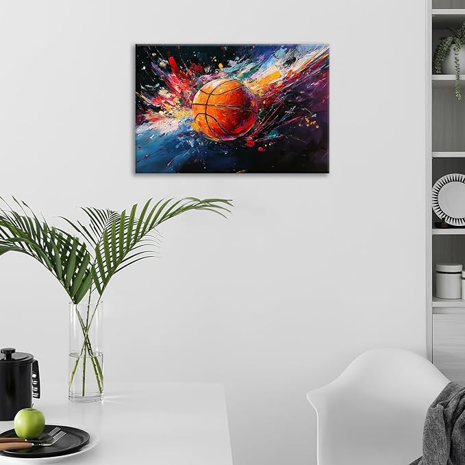 Olivine Basketball Wall Art, Graffiti Sports Picture, Colorful Sport Canvas Print Painting, Framed Artwork for Bathroom Bedroom Living Room Office Home Decoration 24"x16"