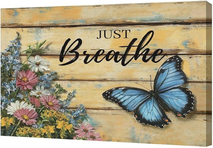 Olivine Butterfly Wall Art, Butterflies Flower Pictures Wall Decor, Just Breathe Painting, Vintage Farmhouse Canvas Prints, Framed Artwork for Living Room Bedroom Bathroom Kitchen Office Home 24"x16"