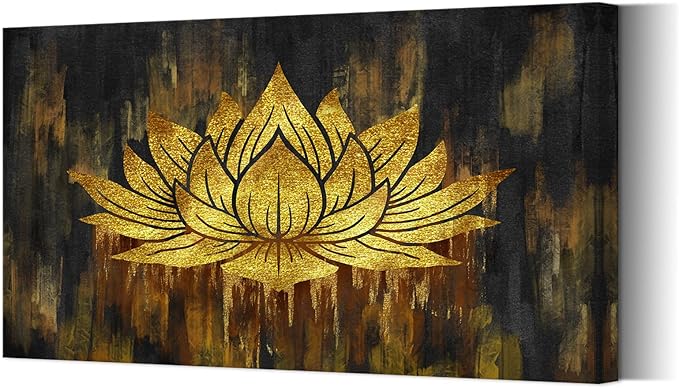 SkenoArt Gold Lotus Wall Art Abstract Zen Lotus Canvas Wall Art Gold and Black Zen Flower Picture Artwork for Living Room Home Bedroom Wall Decor Stretched and Framed 20x36 inch