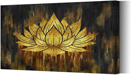 SkenoArt Gold Lotus Wall Art Abstract Zen Lotus Canvas Wall Art Gold and Black Zen Flower Picture Artwork for Living Room Home Bedroom Wall Decor Stretched and Framed 20x36 inch