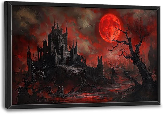Large Gothic Spooky Haunted House Framed Wall Art for Living Room Dark Academia Castle Pictures Wall Decor Goth Print Painting Artwork Home Decorations for Gothic Room Bedroom Office 36x24 inch