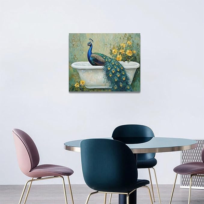 Fleruku Vintage Peacock Wall Art Elegance Bathroom Wall Decor Green Peacock Pictures Canvas Painting Artwork Home Decorations for Living Room Bedroom Office 20"x16"